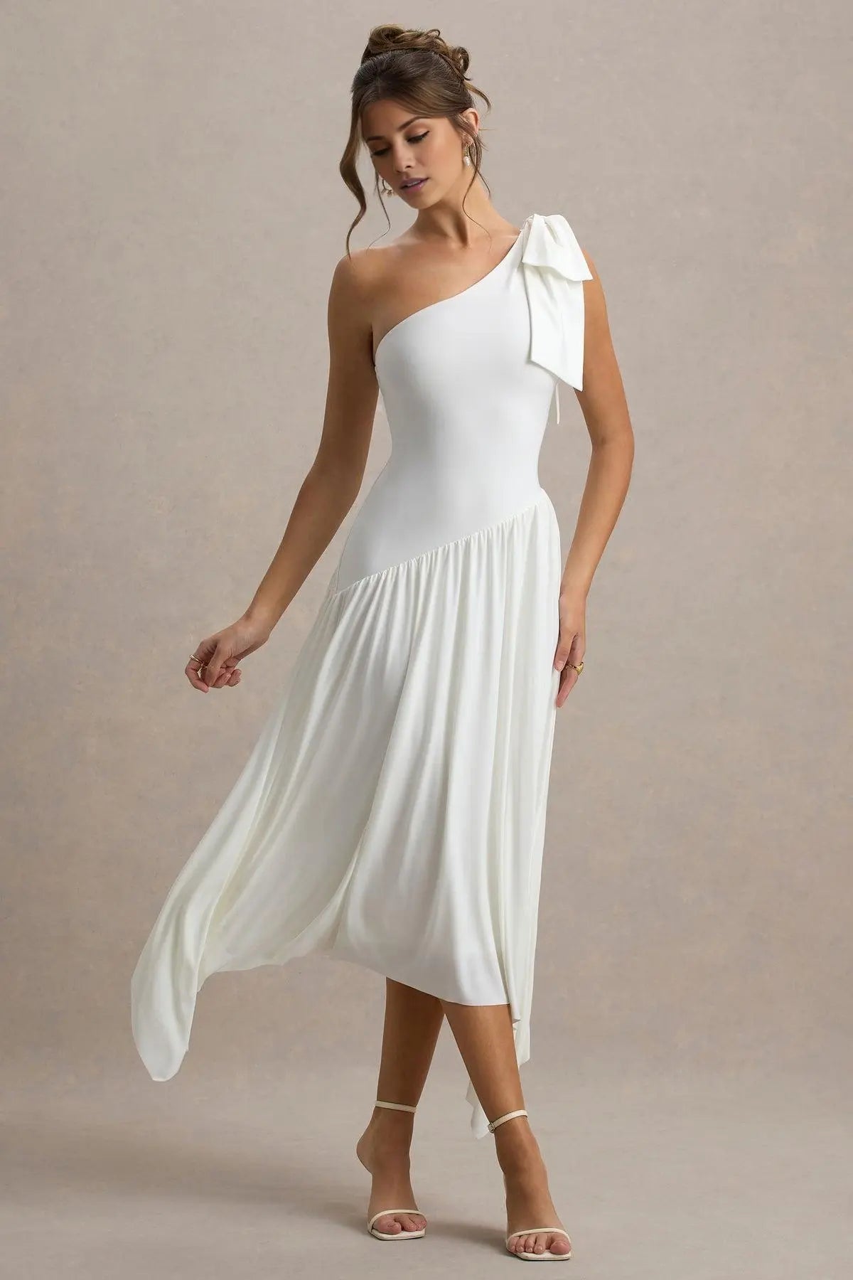 Weitese Simple White Satin One Shoulder Bow Sleeveless Evening Dress with Pleated Prom Dress